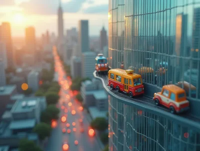 Toy Vehicles Driving On A Skyscraper Ledge