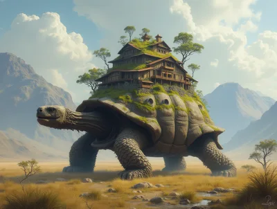 Giant Tortoise Carrying A Wooden House In A Landscape