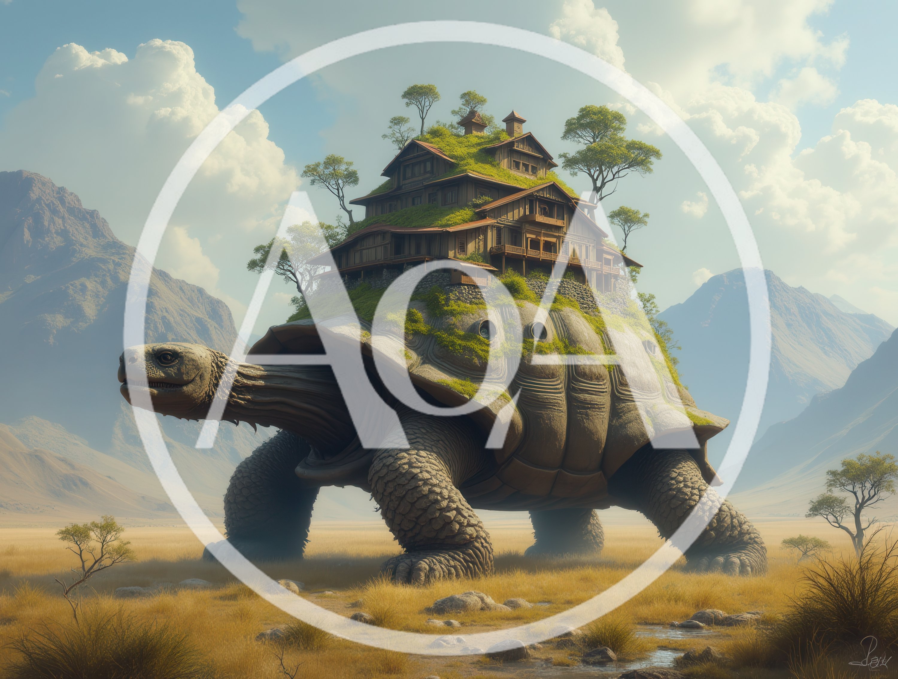 Giant Tortoise Carrying A Wooden House In A Landscape