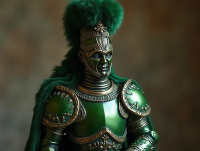 Green Armored Warrior Statue With Fur Crest