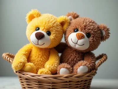 Two Cute Teddy Bears Sitting In A Wicker Basket