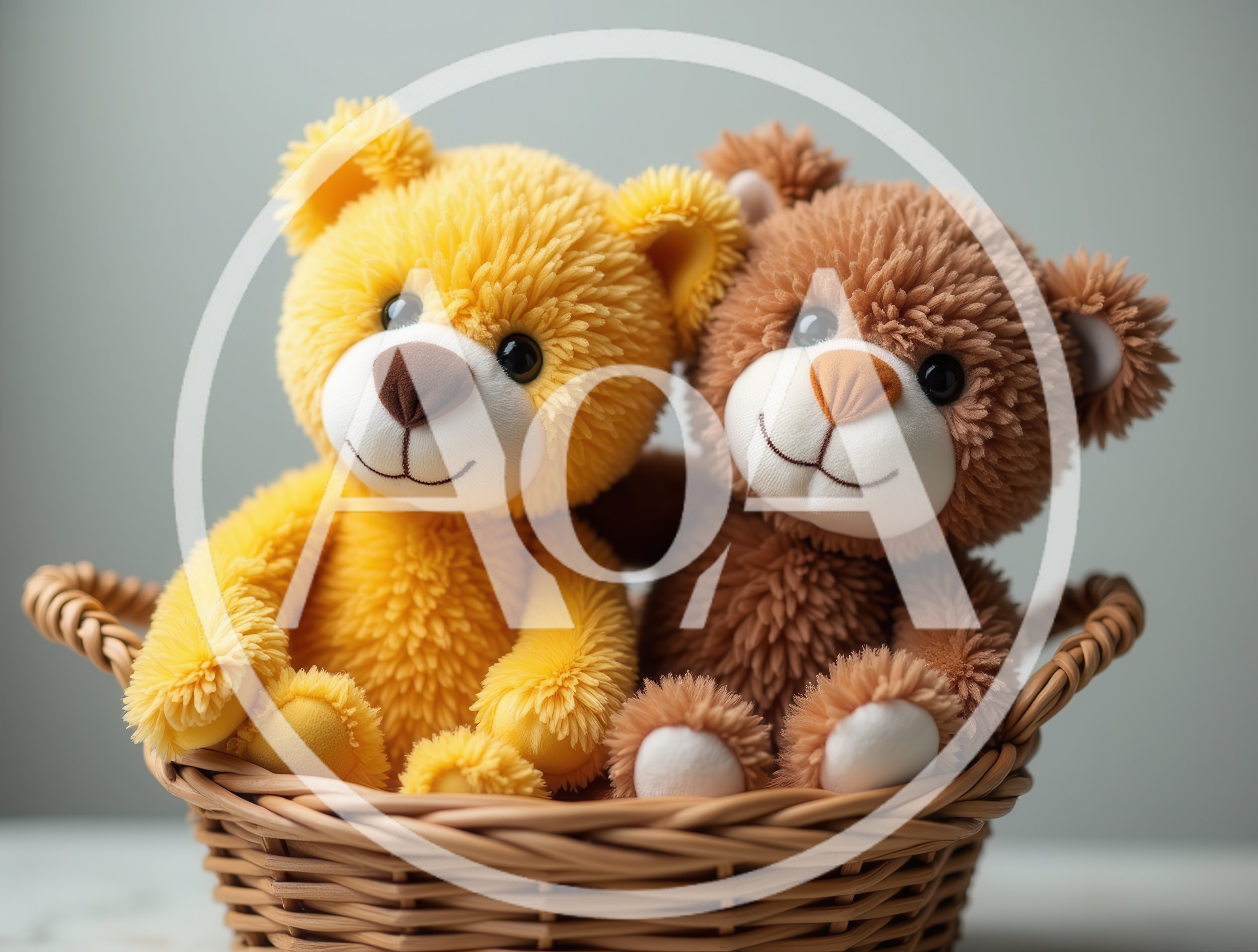 Two Cute Teddy Bears Sitting In A Wicker Basket