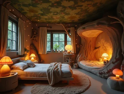 Whimsical Forest Themed Bedroom With Tree Bed
