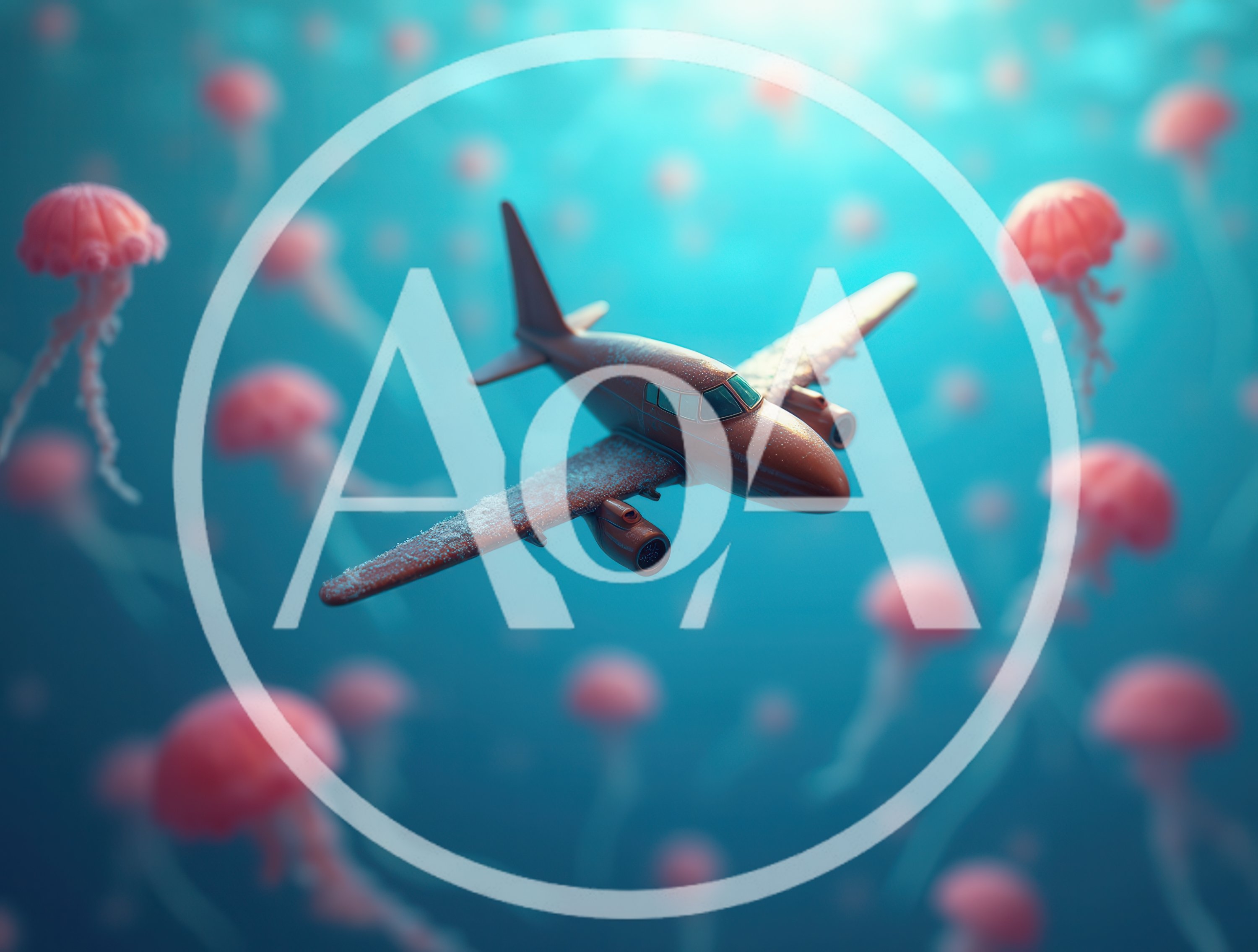 Small Airplane Floating Underwater Surrounded By Pink Jellyfish