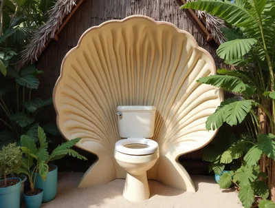 Outdoor Toilet With Decorative Seashell Backdrop