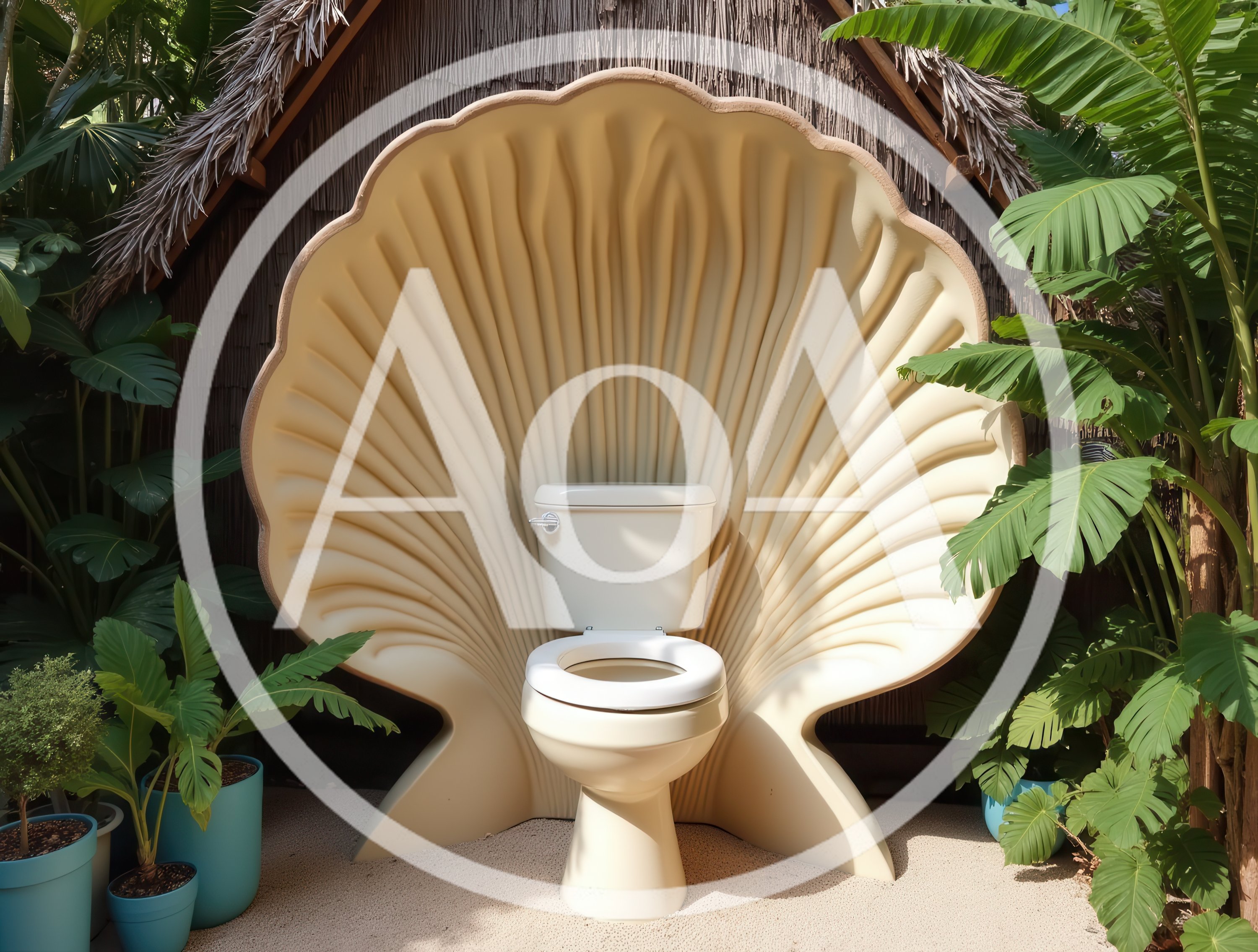 Outdoor Toilet With Decorative Seashell Backdrop