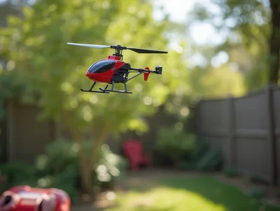 Red Remote Controlled Helicopter Hovering Outdoors