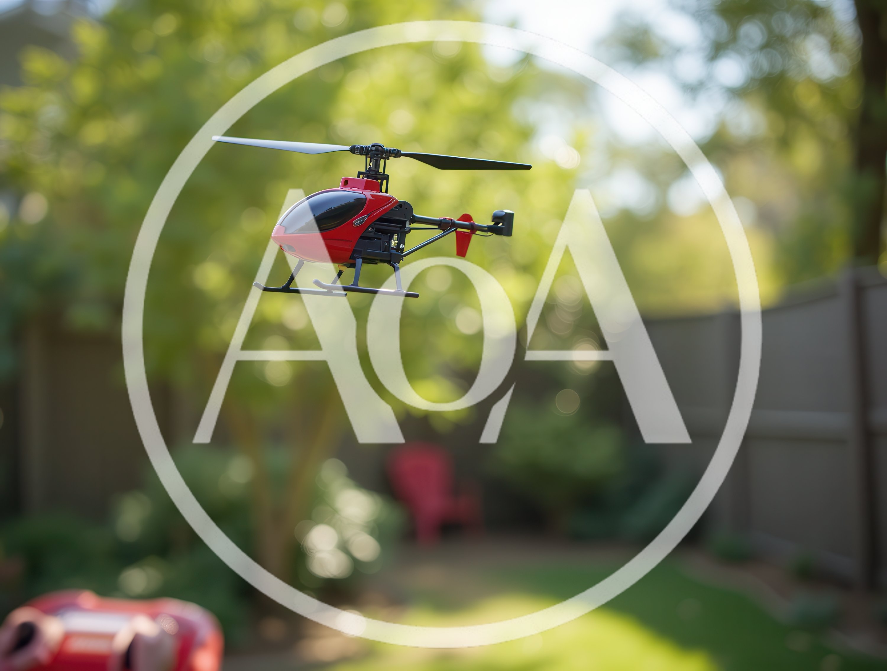 Red Remote Controlled Helicopter Hovering Outdoors