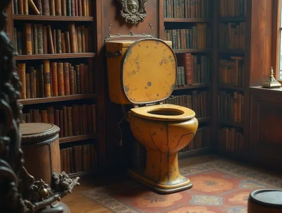 Vintage Yellow Toilet Inside A Classic Library