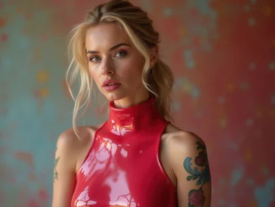 Portrait Of A Blonde Woman In Red Latex Top