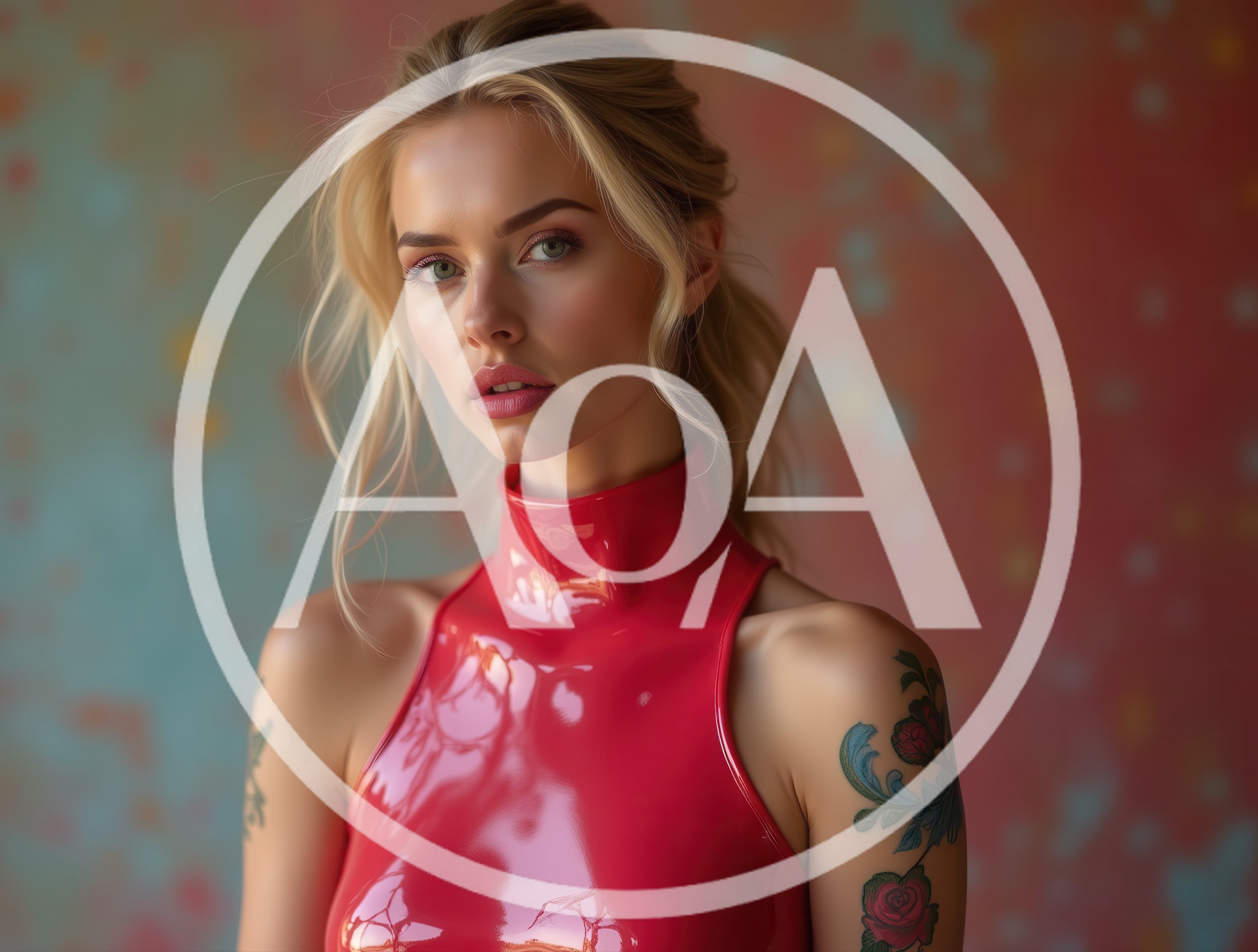 Portrait Of A Blonde Woman In Red Latex Top
