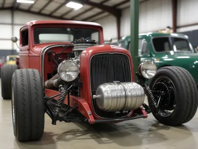 Custom Red Hot Rod Truck In Indoor Garage