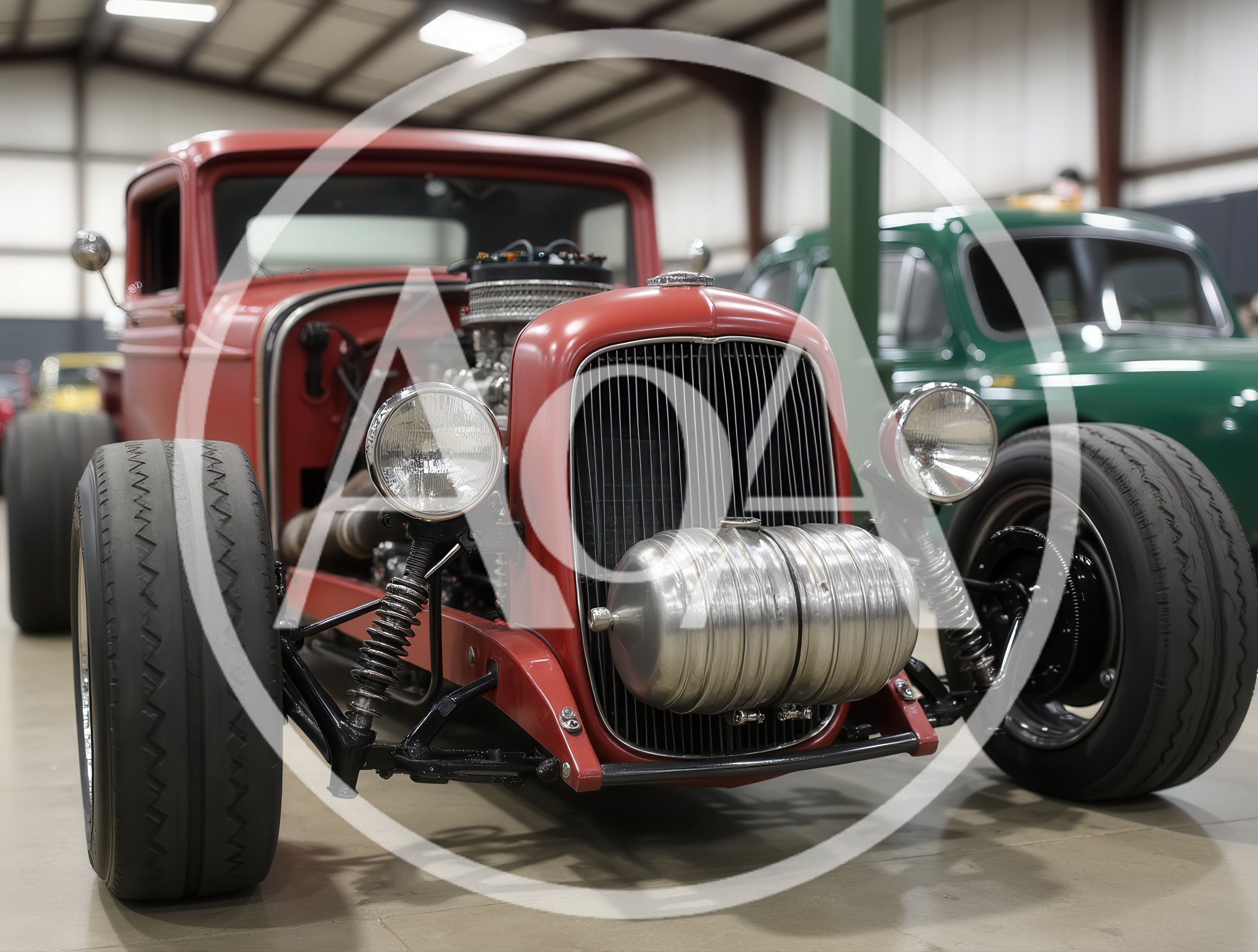 Custom Red Hot Rod Truck In Indoor Garage