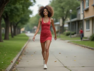 Young Woman Walking Down A Suburban Street