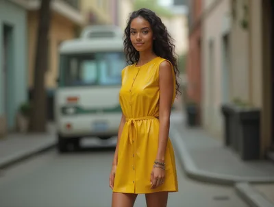 Young Woman In Yellow Dress Standing On City Street