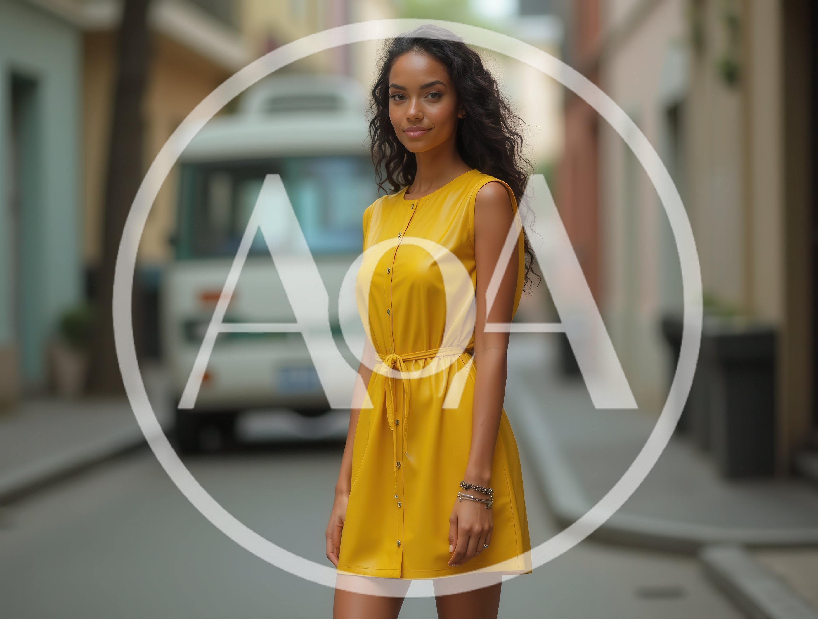 Young Woman In Yellow Dress Standing On City Street