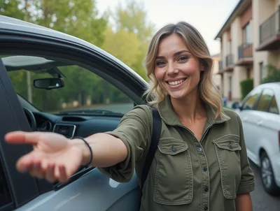 Smiling Woman Offering A Hand Near Her Car