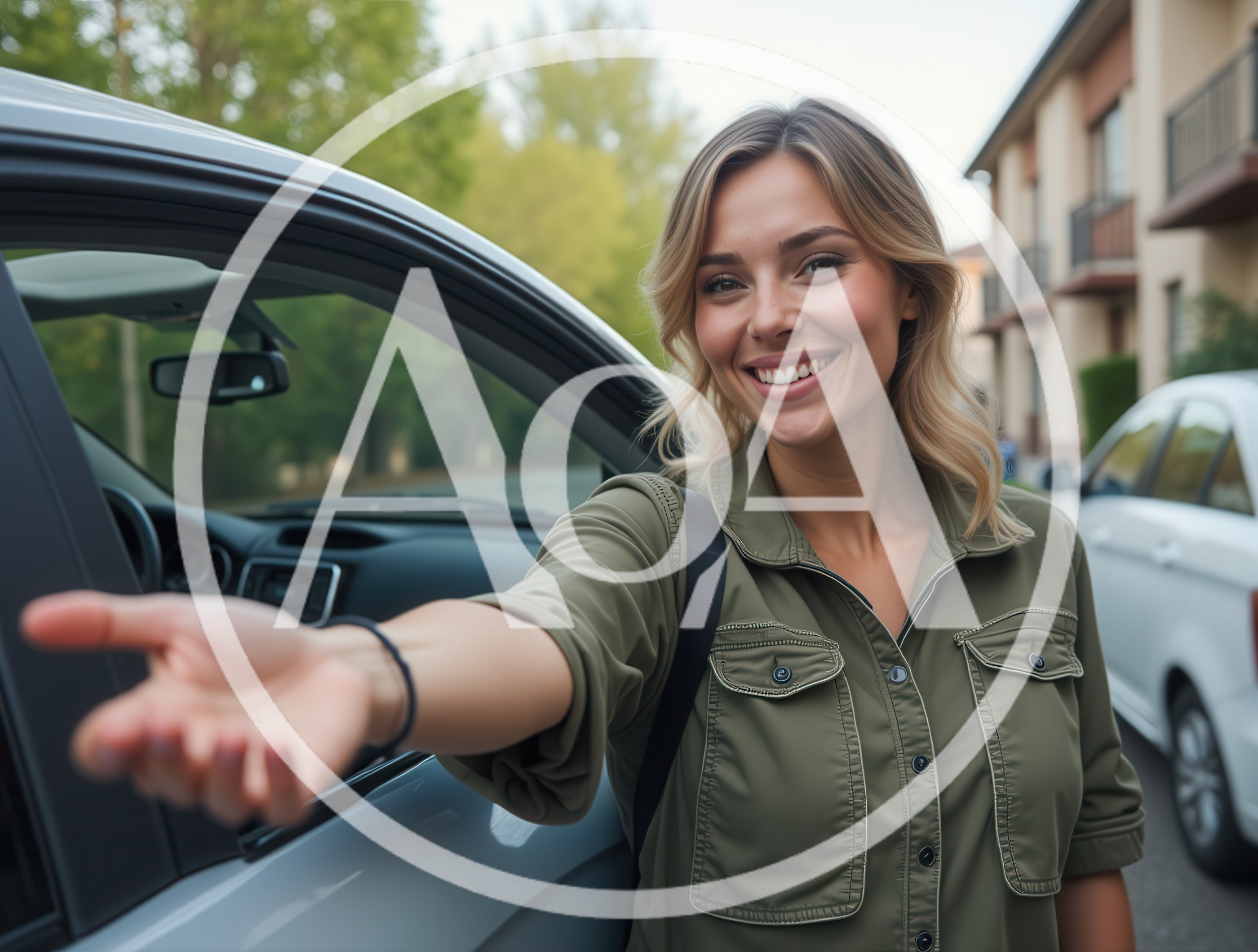Smiling Woman Offering A Hand Near Her Car
