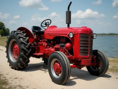 Vintage Red Farm Tractor Parked Near A Lake