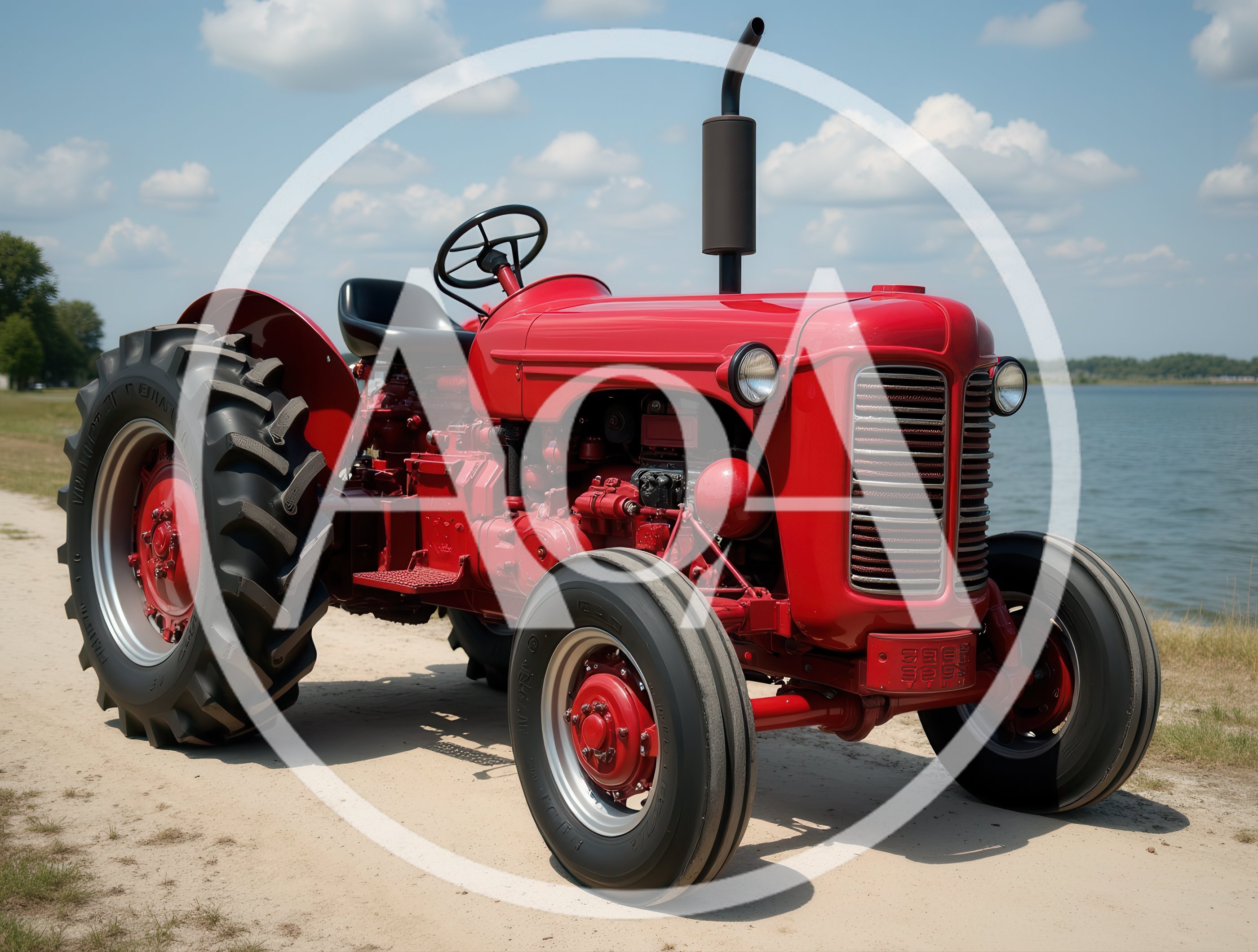 Vintage Red Farm Tractor Parked Near A Lake
