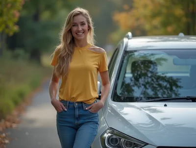 Smiling Young Woman Standing Beside Her Car