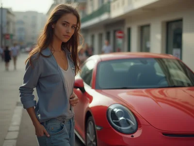 Young Woman Standing Beside A Red Sports Car