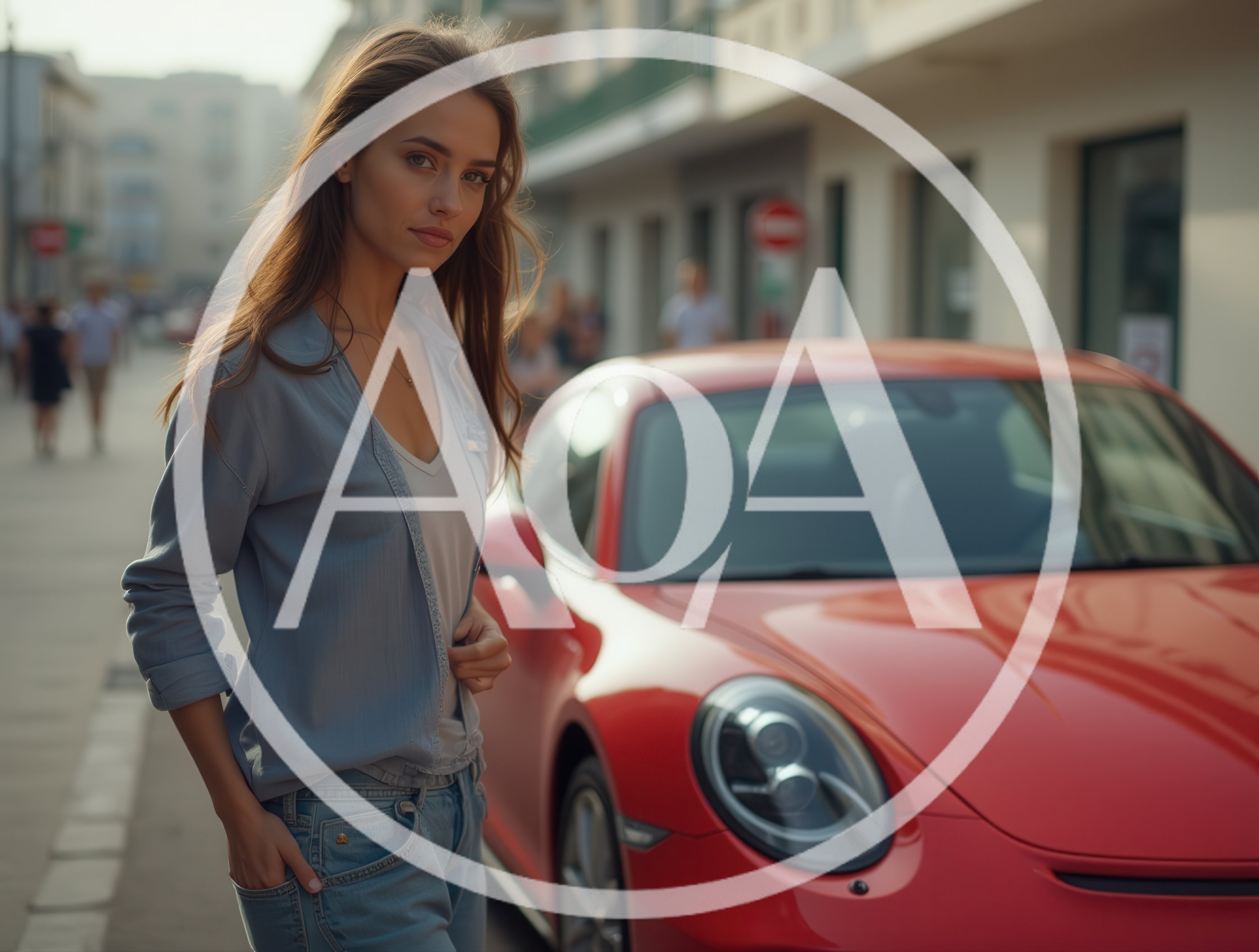 Young Woman Standing Beside A Red Sports Car
