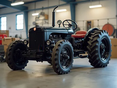 Vintage Black Tractor Parked Inside A Modern Workshop
