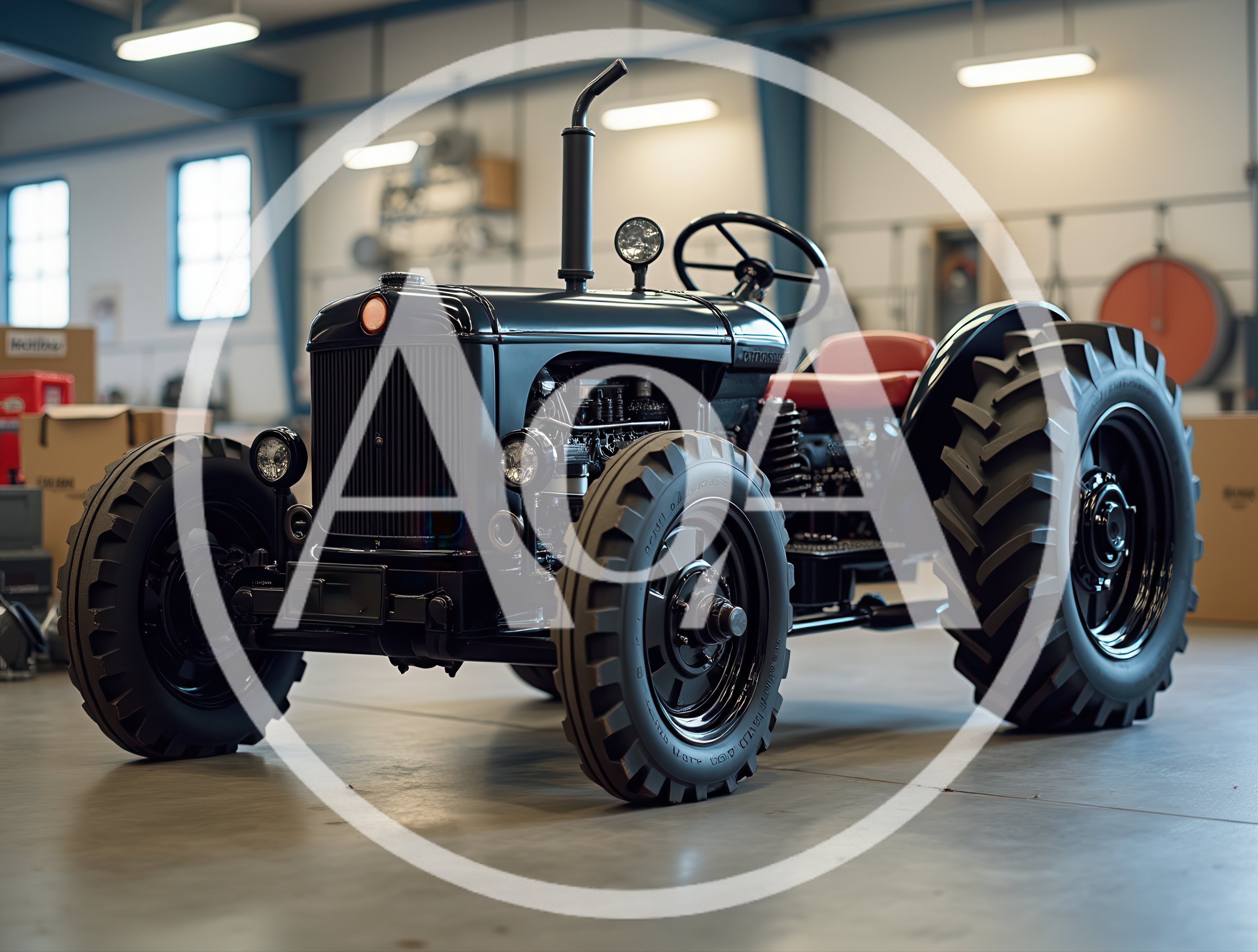 Vintage Black Tractor Parked Inside A Modern Workshop