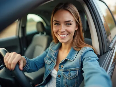 Happy Young Woman Driving A Car