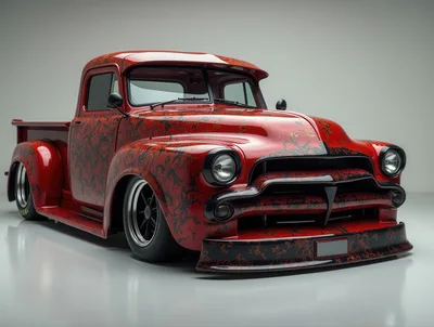 Custom Red And Black Patterned Vintage Pickup Truck
