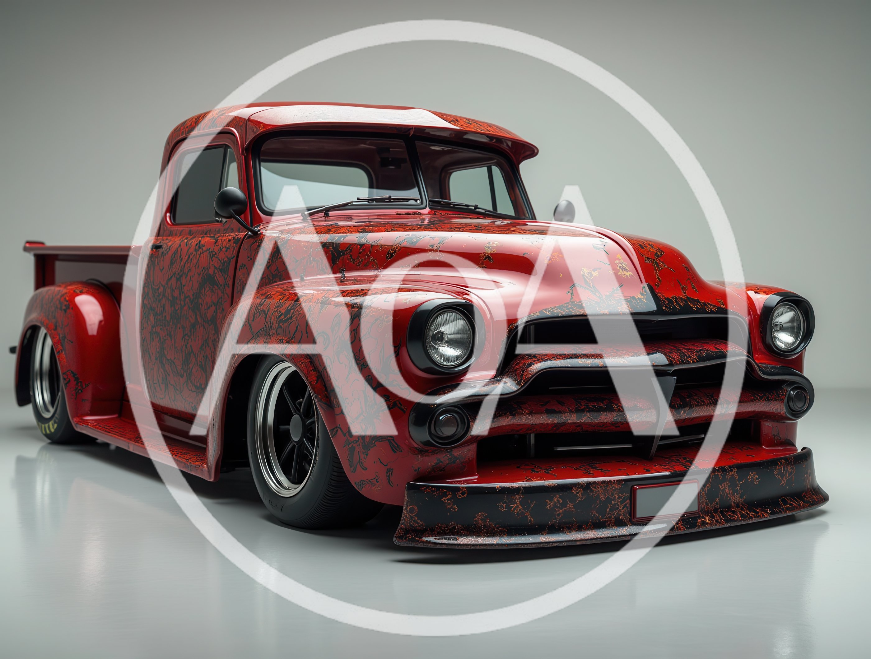 Custom Red And Black Patterned Vintage Pickup Truck