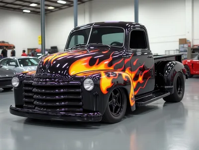 Custom Black Classic Pickup Truck With Flame Paint Job