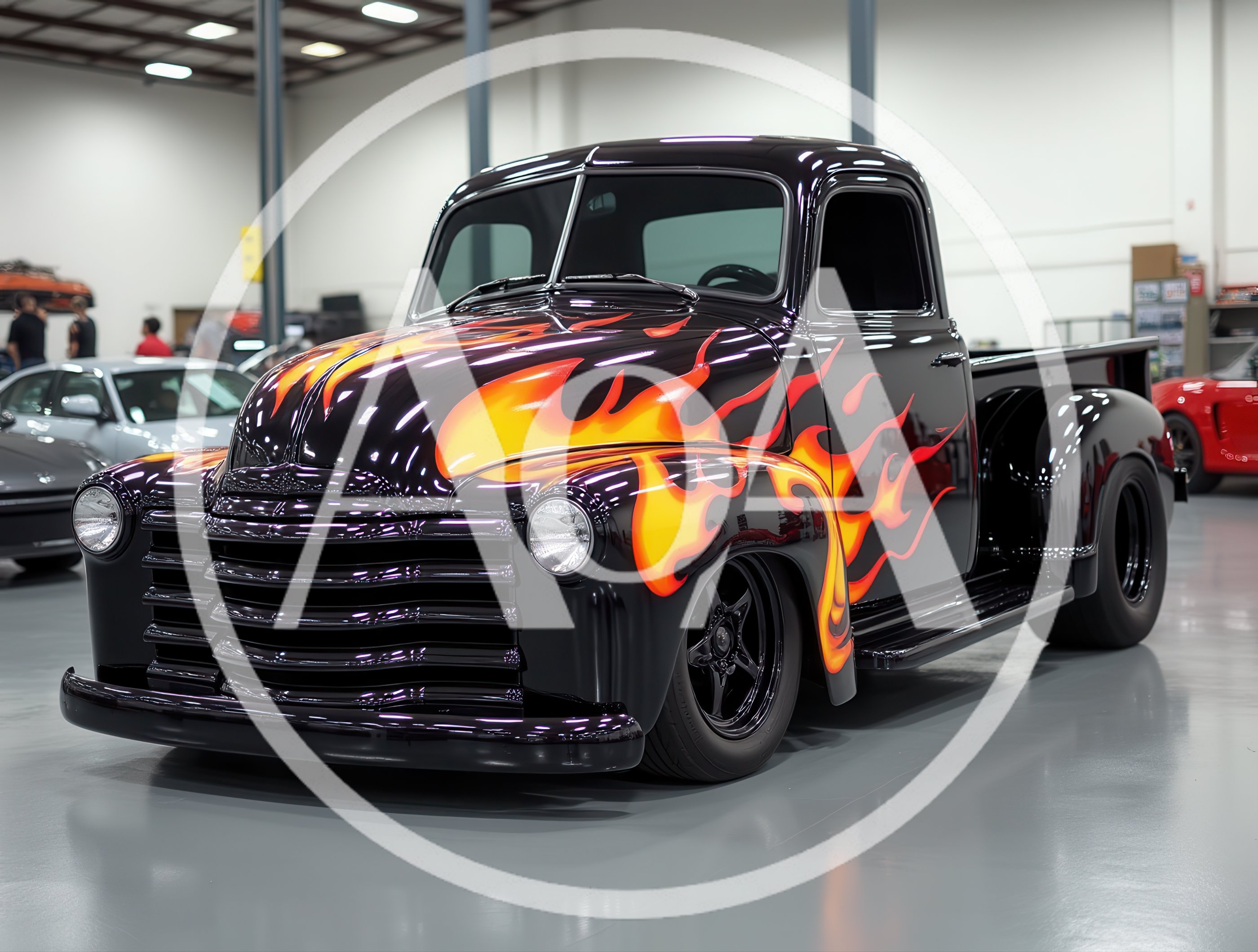 Custom Black Classic Pickup Truck With Flame Paint Job
