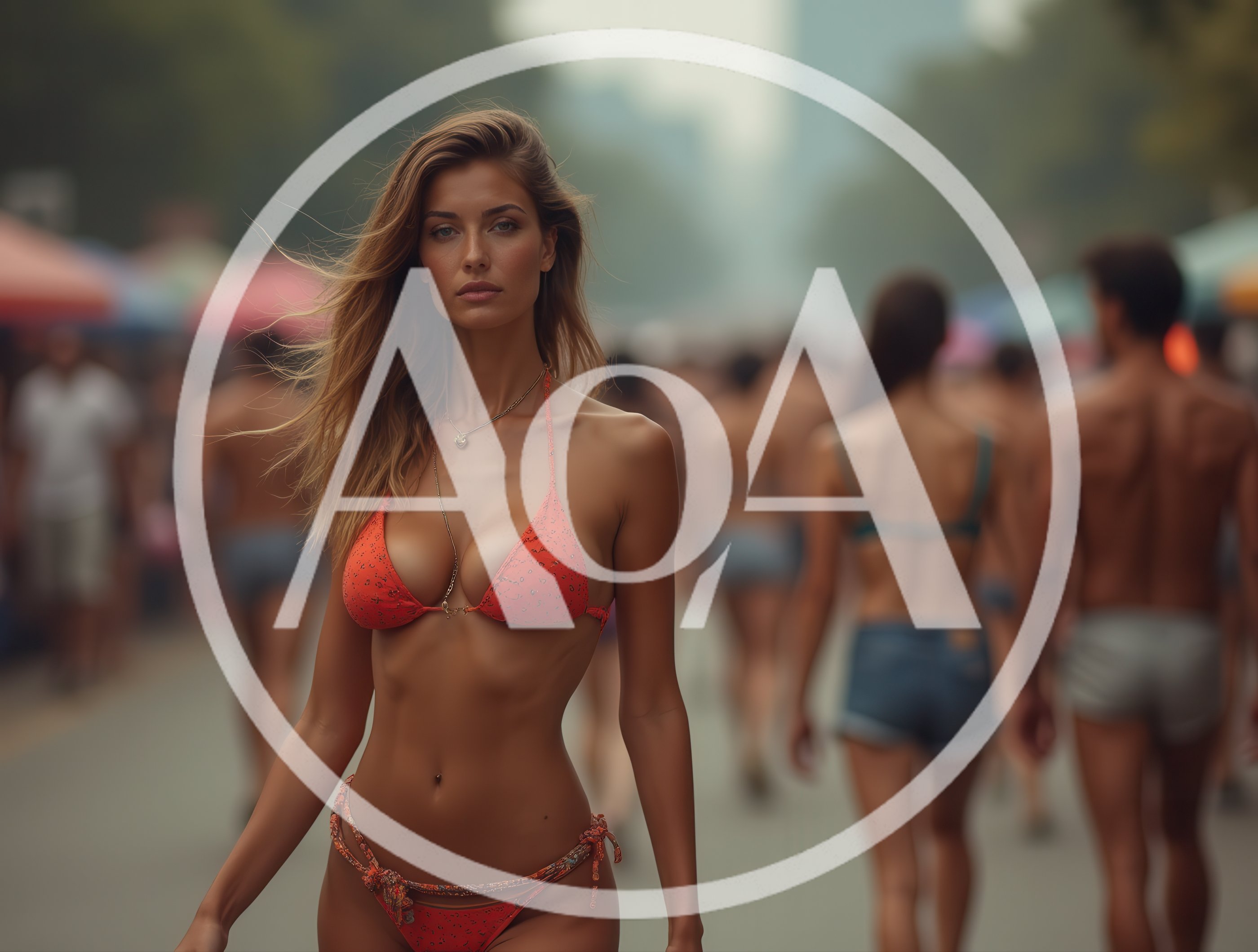 Beautiful Woman Walking Through A Crowded Summer Street