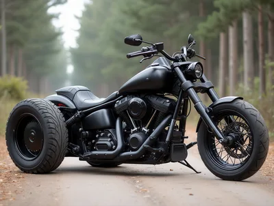 Custom Matte Black Trike Motorcycle On Forest Road