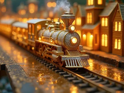 Golden Jeweled Toy Train On Miniature Village Tracks