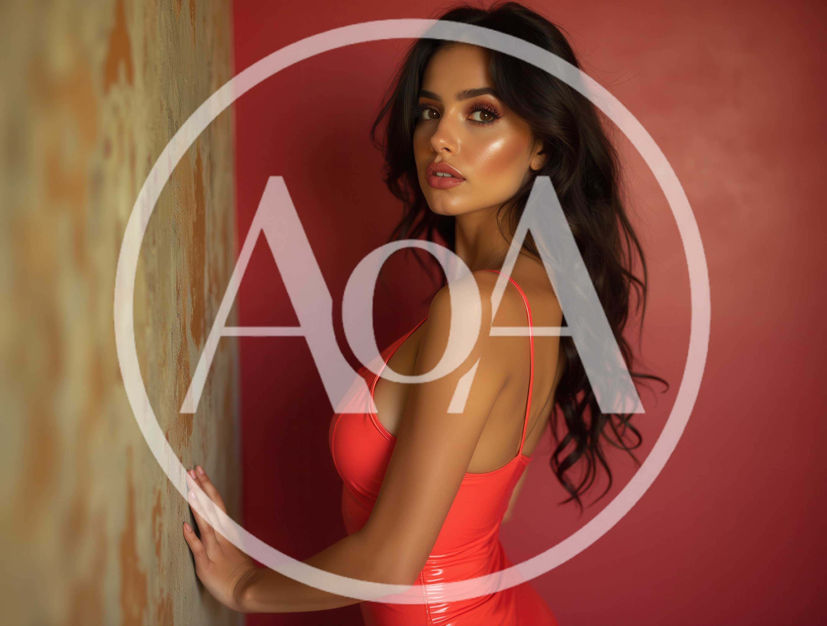 Beautiful Woman In Red Latex Dress Posing Against Wall