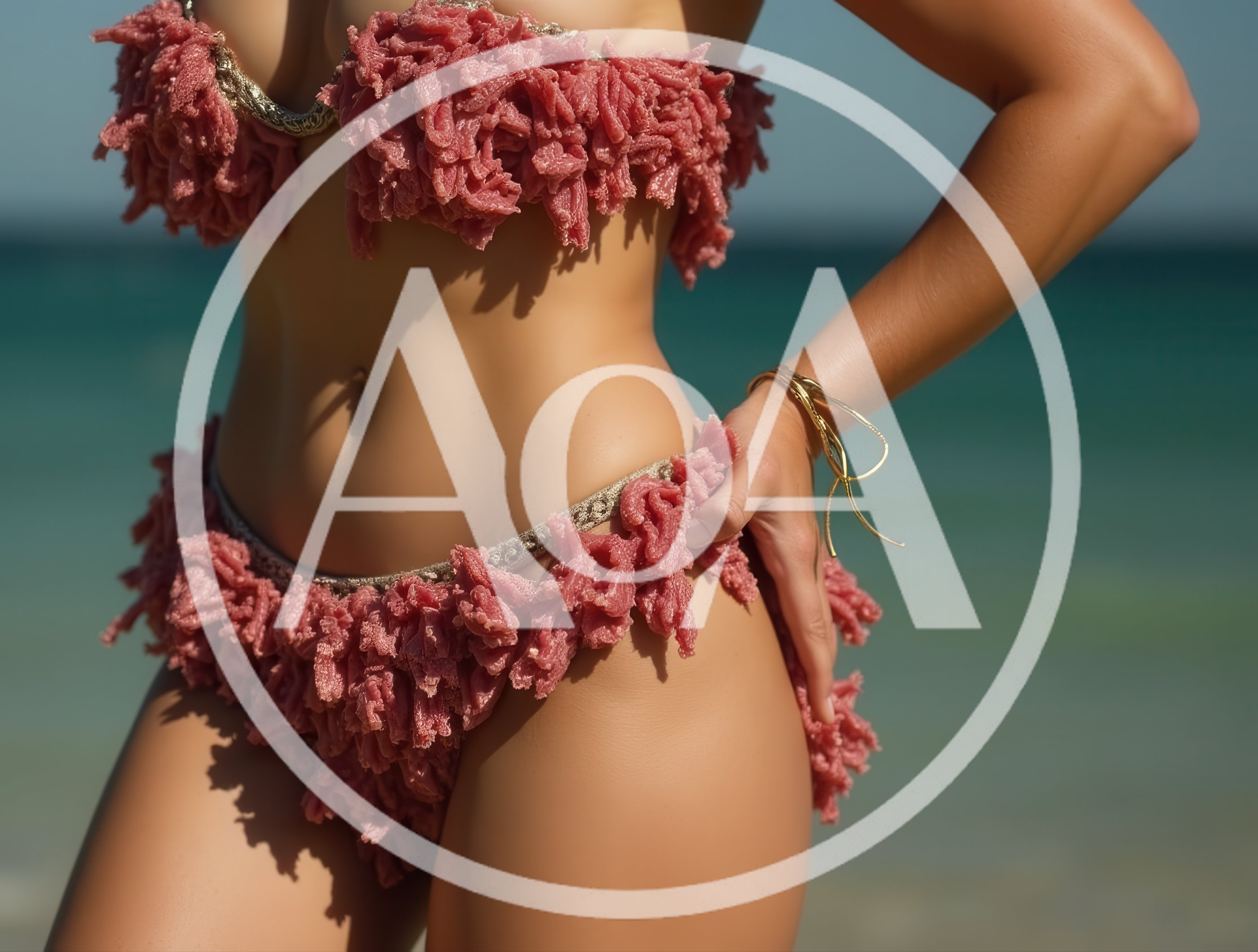 Woman Wearing Unique Textured Coral Bikini On Beach