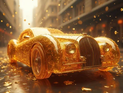 Golden Vintage Luxury Car On City Street