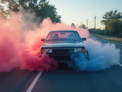 Classic Sedan Performing A Burnout With Colored Smoke