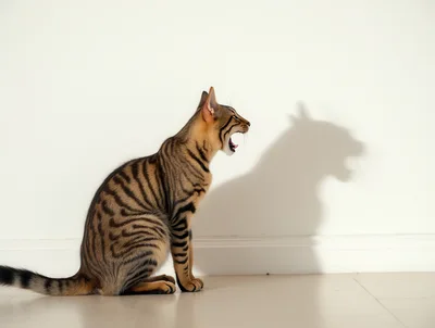 Yawning Savannah Cat Sitting Against A White Wall