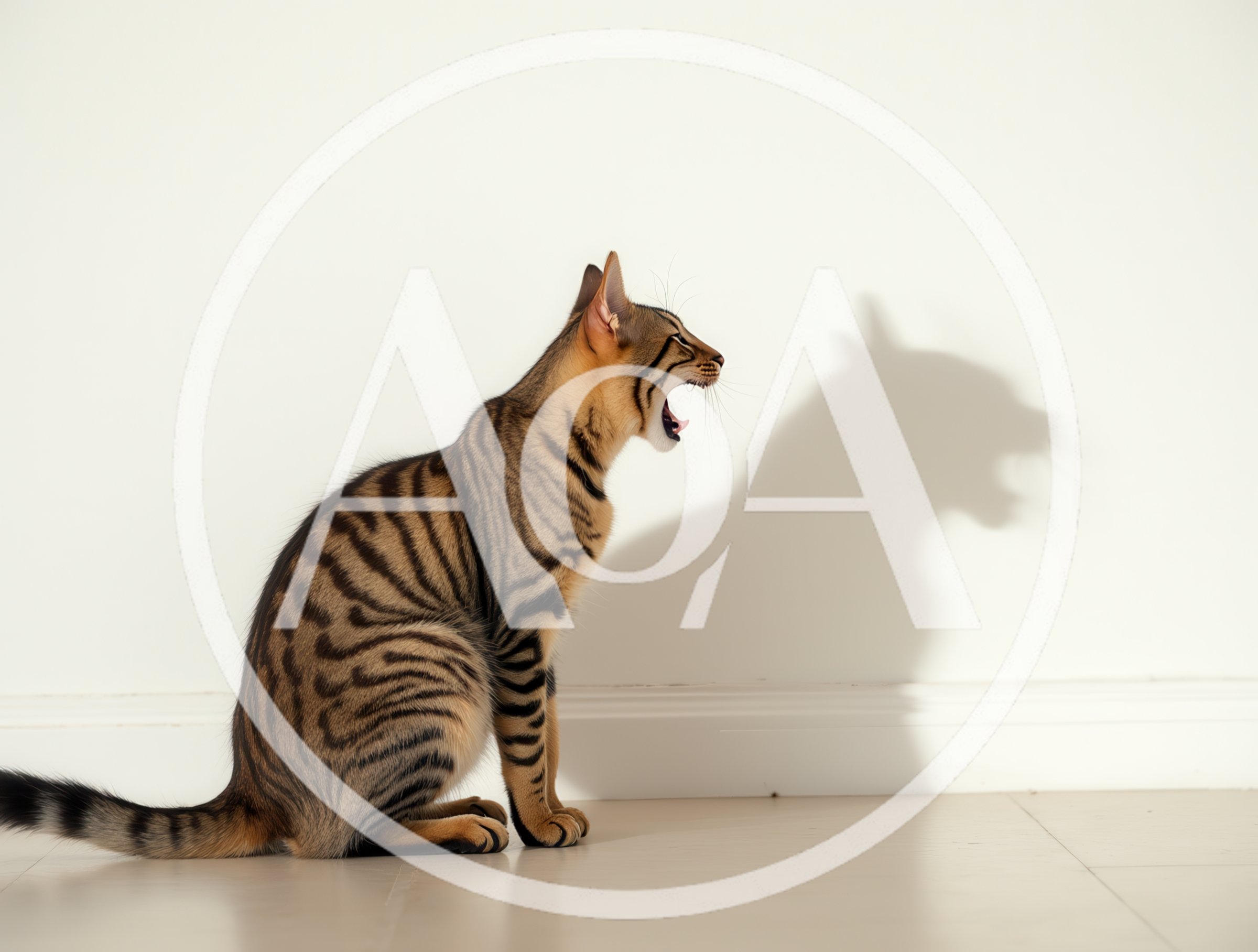 Yawning Savannah Cat Sitting Against A White Wall