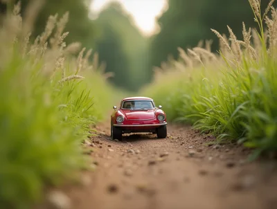 Red Vintage Toy Car On Dirt Path