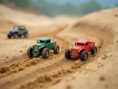 Toy Pickup Trucks Racing On Sandy Terrain
