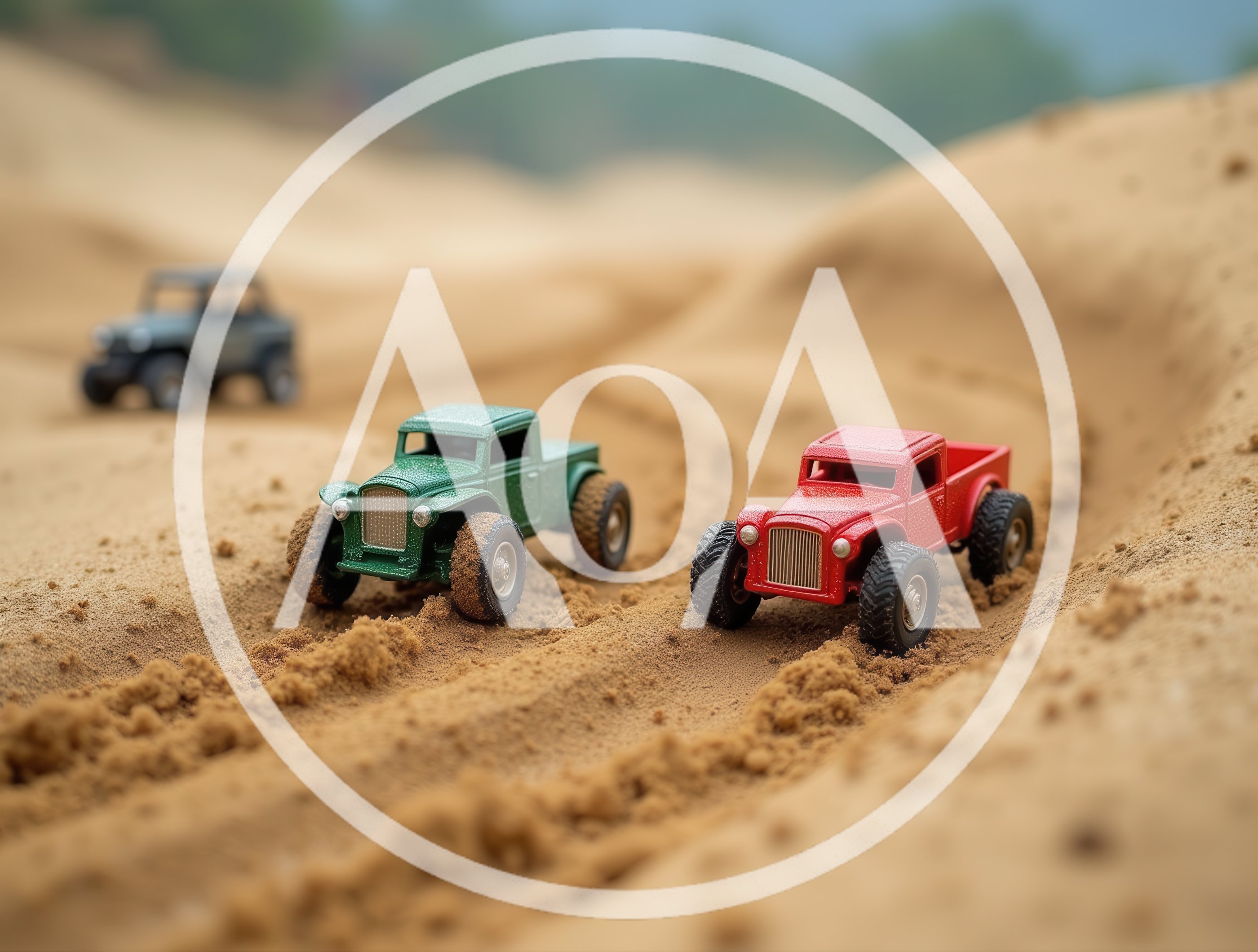 Toy Pickup Trucks Racing On Sandy Terrain