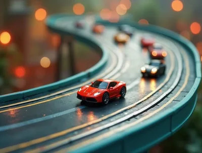 Miniature Red Sports Car Driving on Curved Track