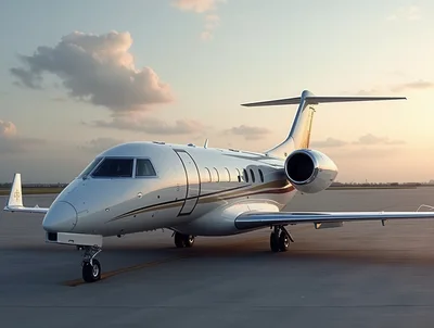 Private Business Jet Parked On Airport Tarmac At Sunset