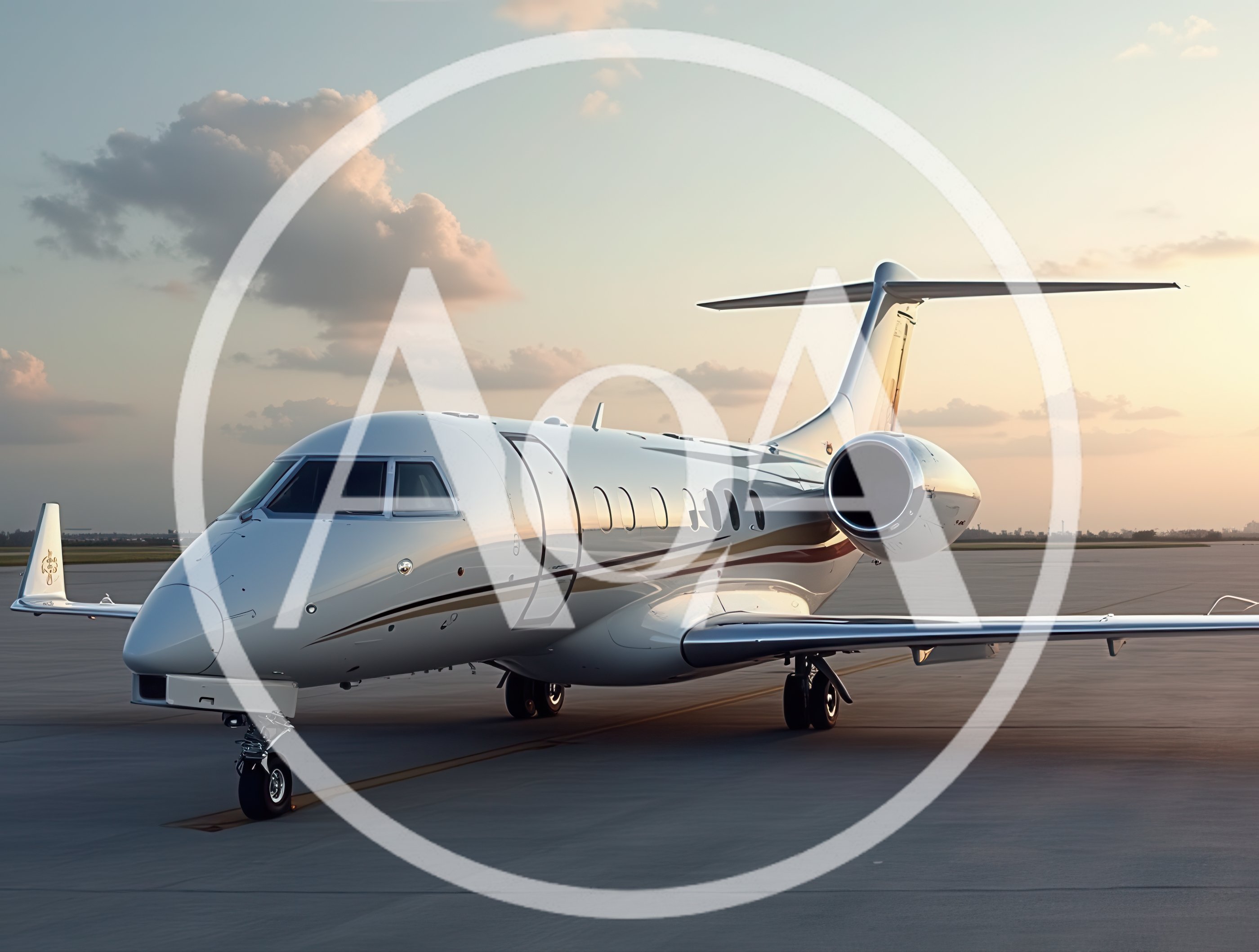Private Business Jet Parked On Airport Tarmac At Sunset