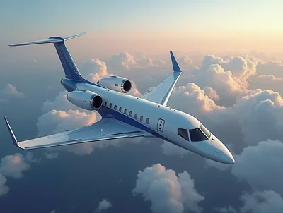 Private Business Jet Flying Above Clouds At Sunset